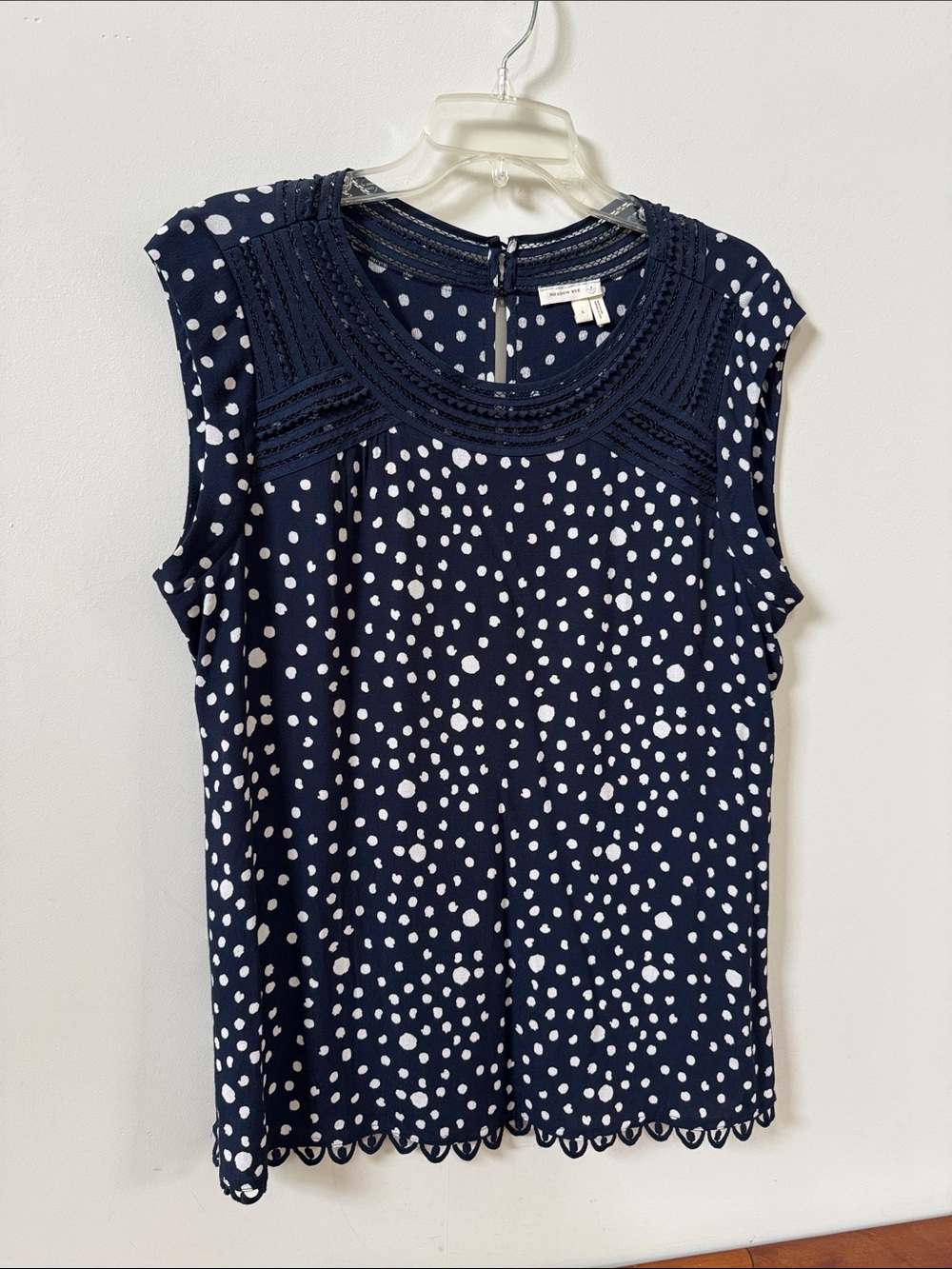 Anthropology Navy and White Polka Dot Lace-Trim Sleeveless Top